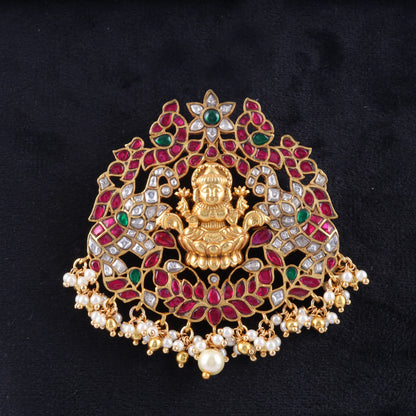 Beautiful Lakshmi Goddess Peacock Jadau Kundan Pendant with Pearl Hangings