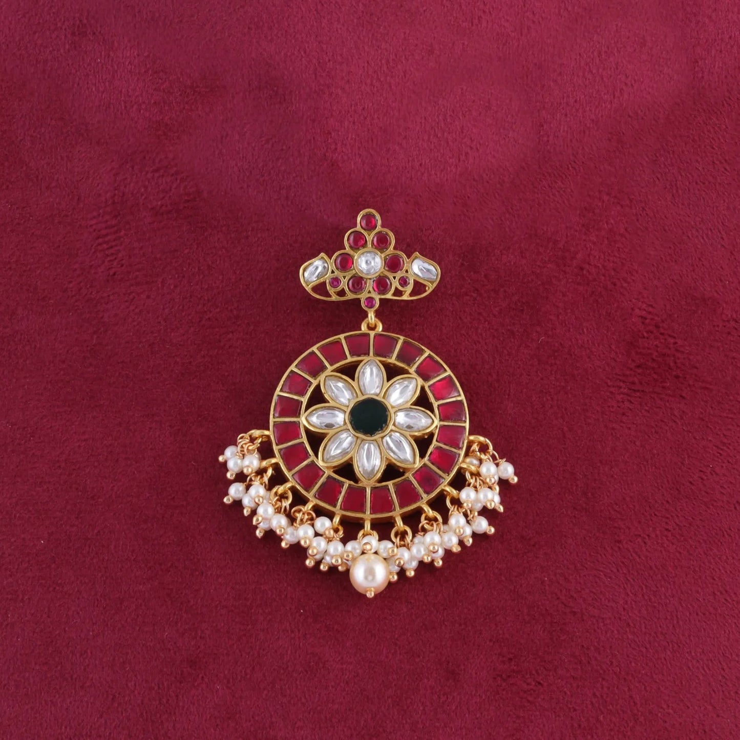 Heavenly Jadau Kundan Designer Pendant with Pearl Hangings