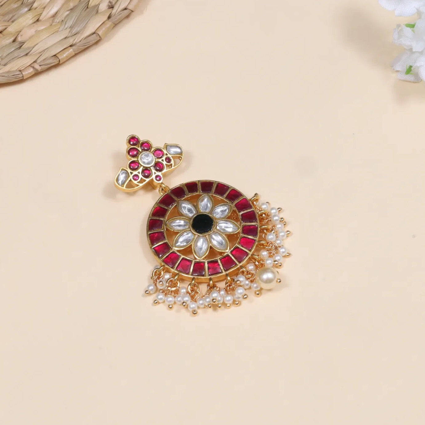 Heavenly Jadau Kundan Designer Pendant with Pearl Hangings