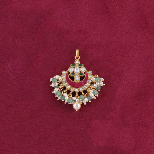 Cute Dainty Jadau Kundan Pendant with Pearl and Green Beads Hangings