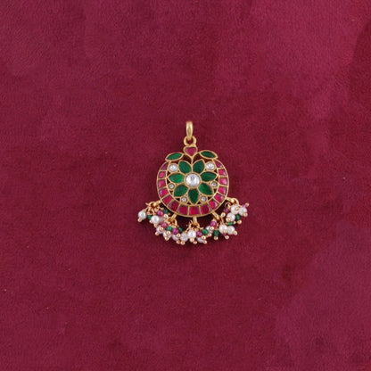 Classy Ruby and Emerald Jadau Kundan Pendant with Pearls and Colour Stone Hangings