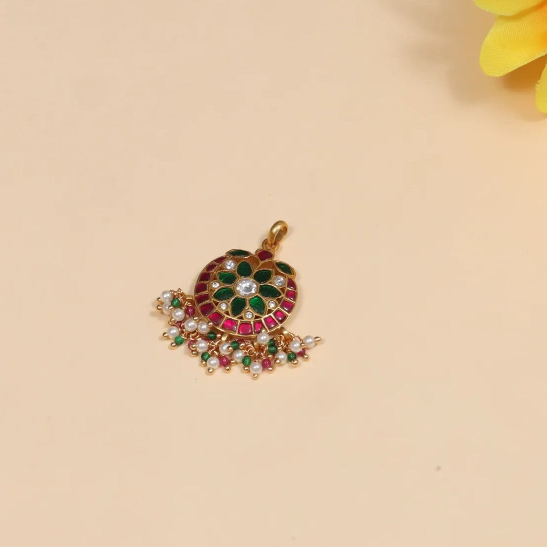 Classy Ruby and Emerald Jadau Kundan Pendant with Pearls and Colour Stone Hangings