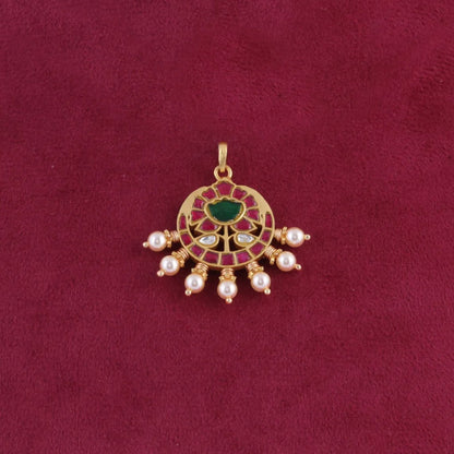 Classic Ruby Jadau Kundan Designer Pendant with Pearls