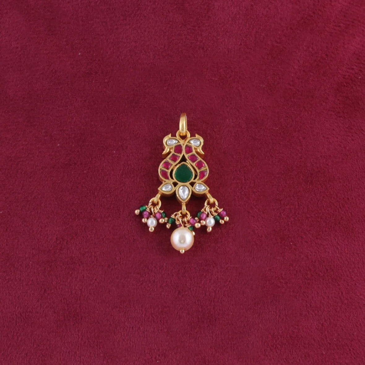 Cute Little Peacock Jadau Kundan Pendant with Pearl and Colour Stone Hangings