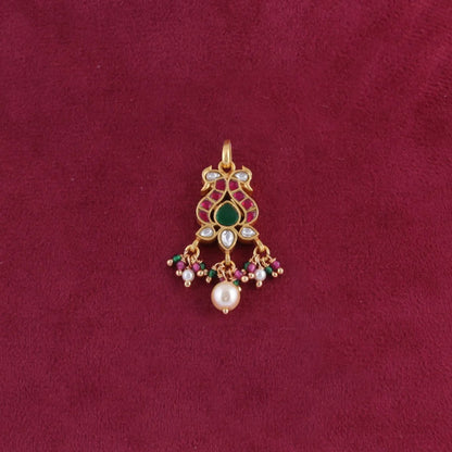 Cute Little Peacock Jadau Kundan Pendant with Pearl and Colour Stone Hangings