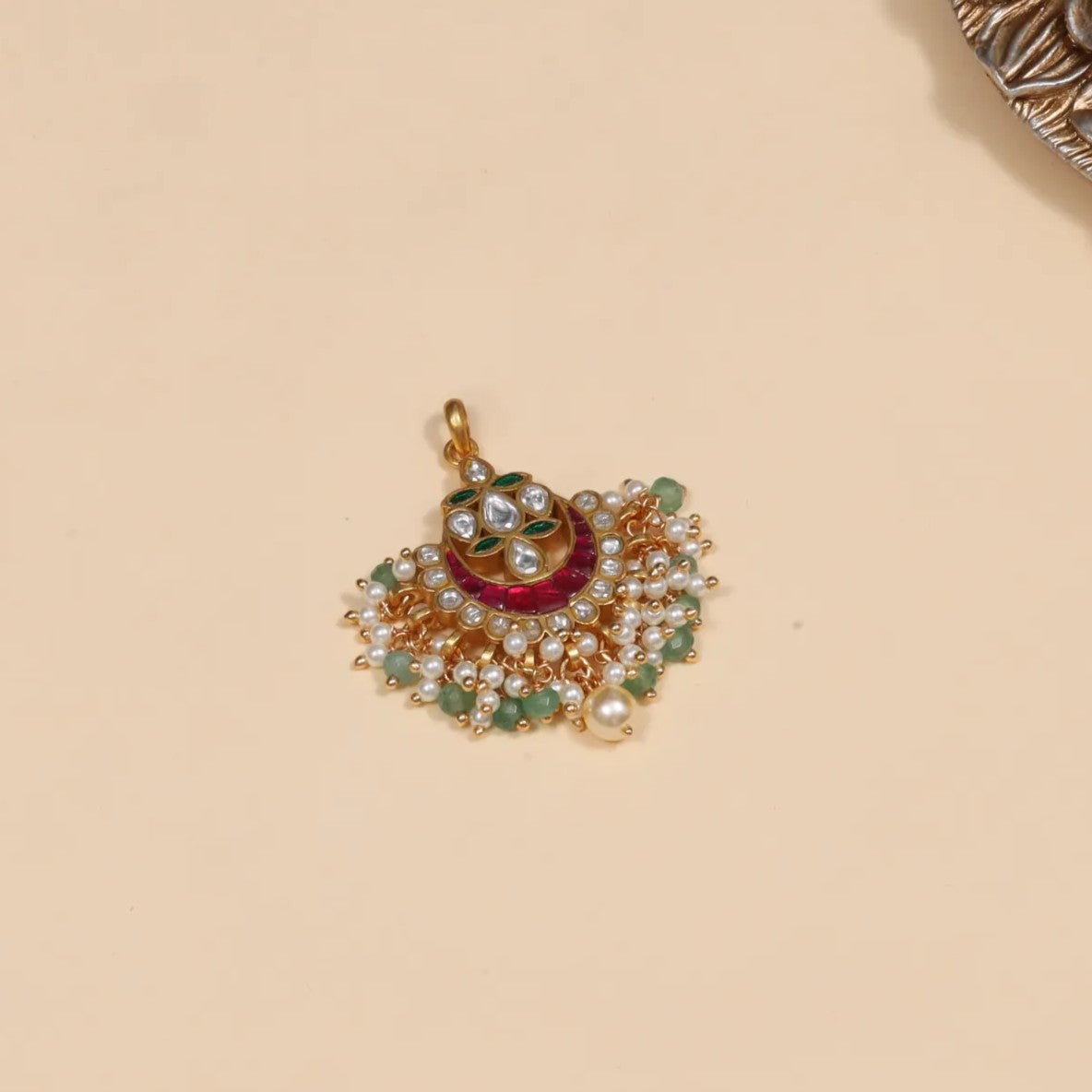 Cute Dainty Jadau Kundan Pendant with Pearl and Green Beads Hangings