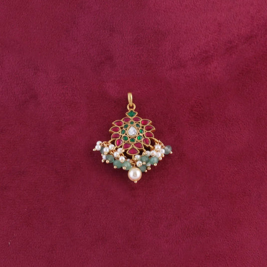 Pretty Small Jadau Kundan Pendant with Pearl and Green Beads Hangings