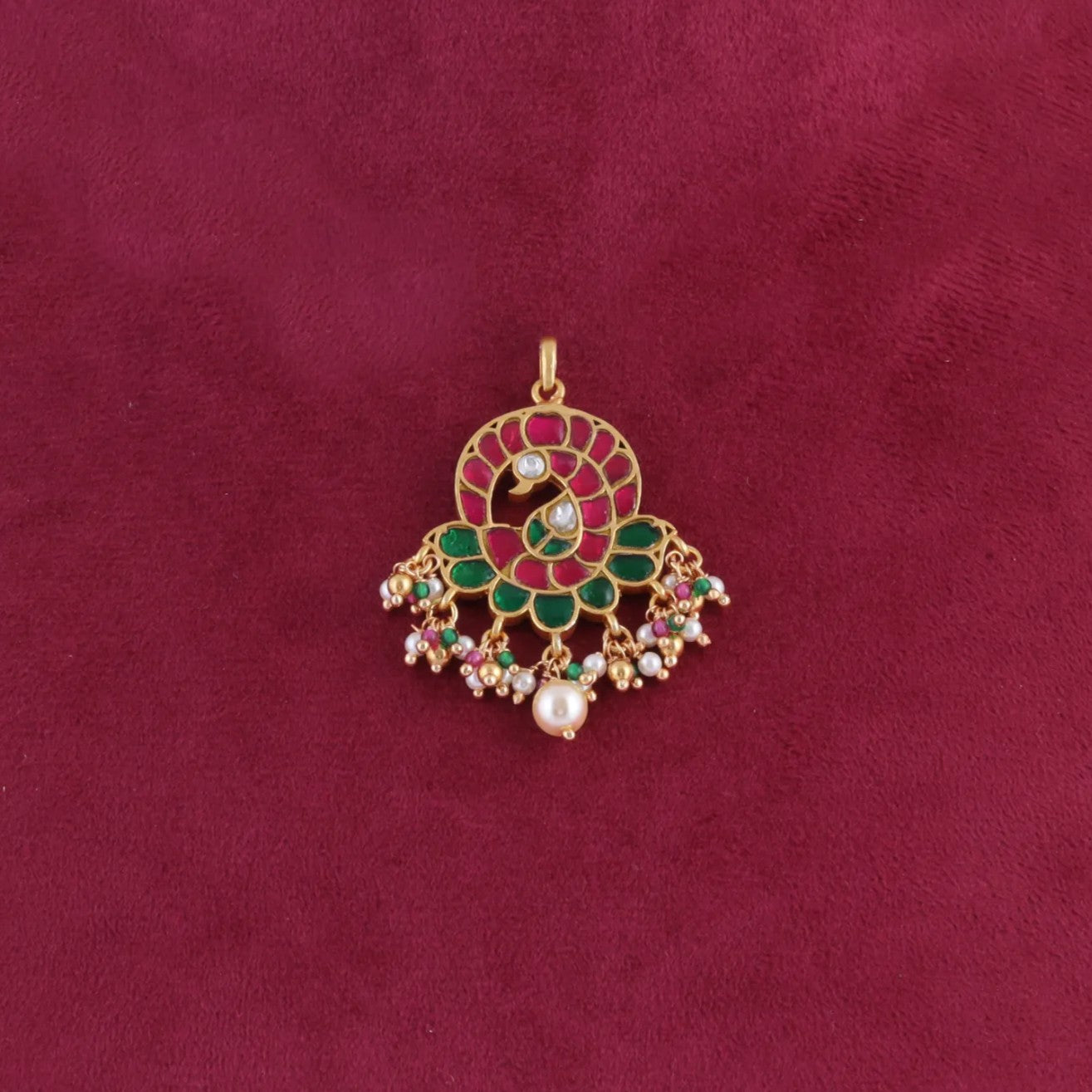 Simple Peacock Motif Jadau Kundan Pendant with Pearl and Colour Stone Beads Hangings