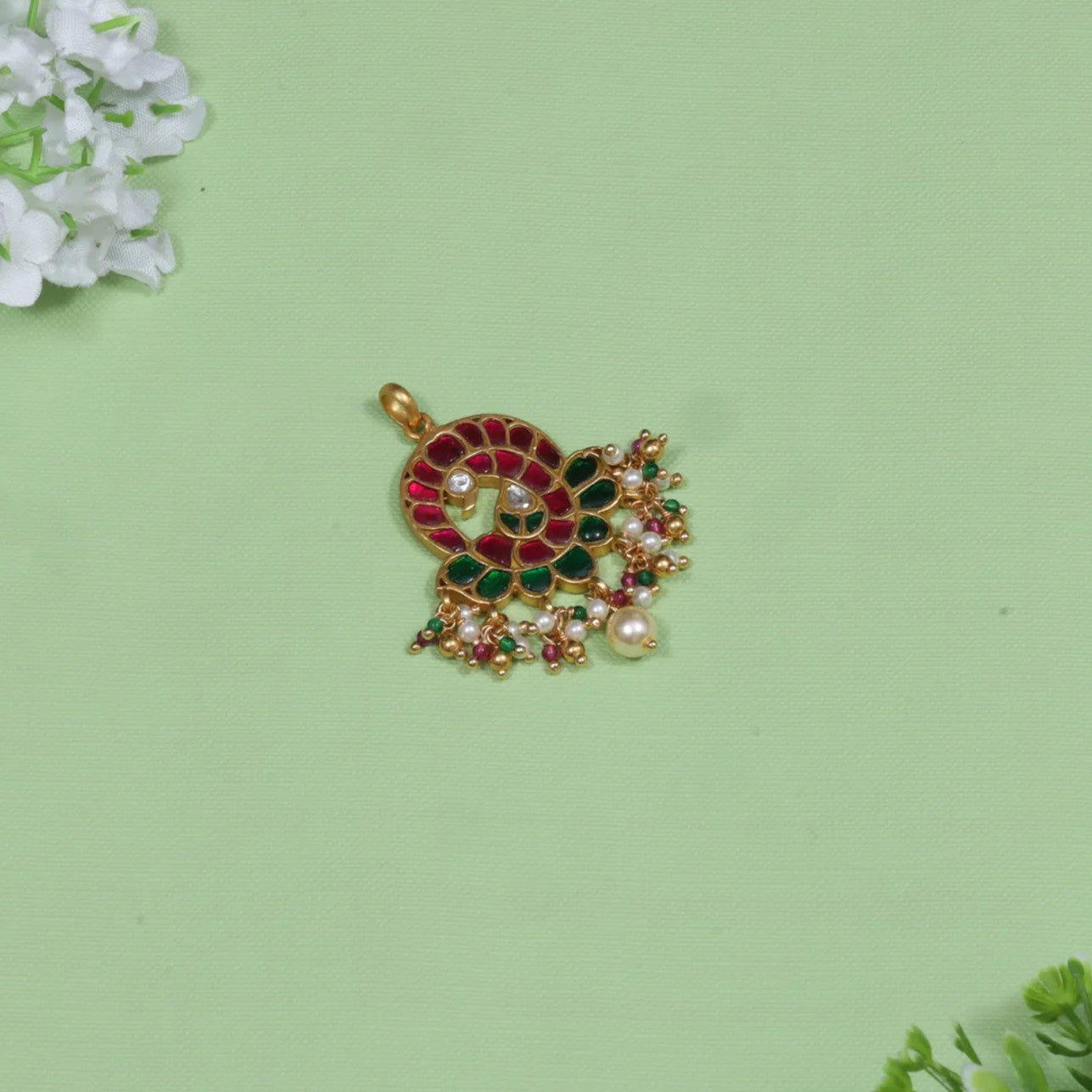 Simple Peacock Motif Jadau Kundan Pendant with Pearl and Colour Stone Beads Hangings