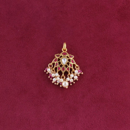 Ruby Jadau Kundan Pendant with Pearl and Ruby Beads Hangings