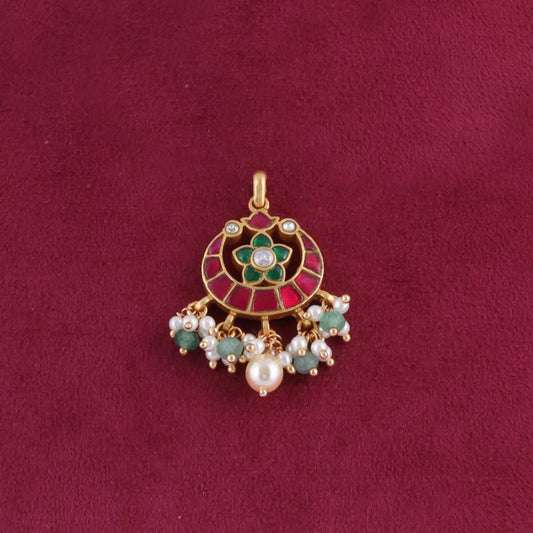 Delicate Designer Hand Crafted Jadau Kundan Pendant with Pearl and Green Beads Hangings