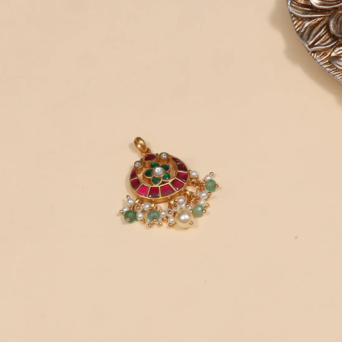 Delicate Designer Hand Crafted Jadau Kundan Pendant with Pearl and Green Beads Hangings