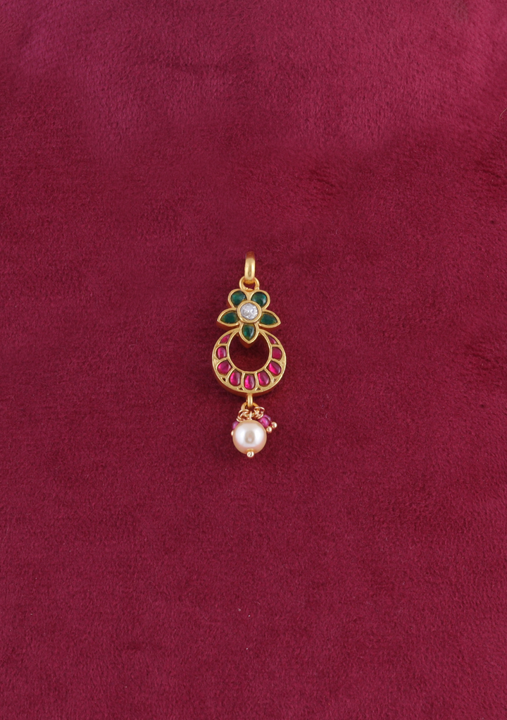 Minimalist Designer Jadau Kundan Pendant Earring Set with Pearl Hangings