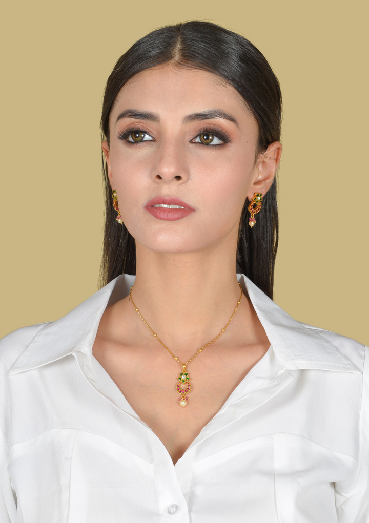 Minimalist Designer Jadau Kundan Pendant Earring Set with Pearl Hangings