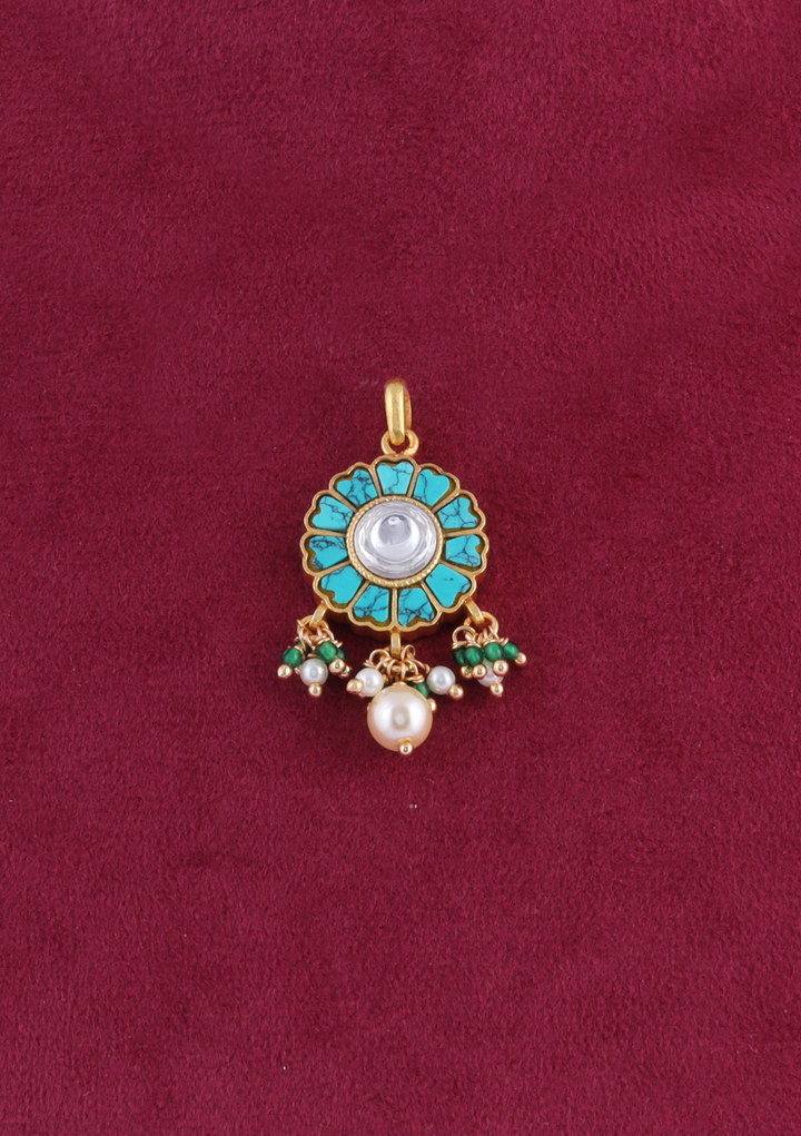 Unique and Beautiful Designer Turquoise Jadau Kundan Pendant Earring Set with Pearl Hangings