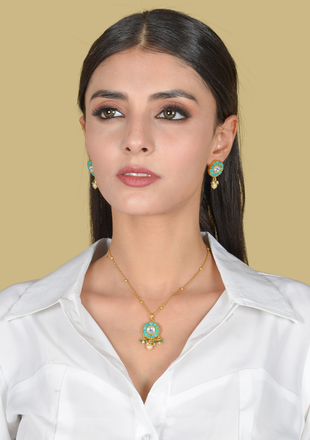Unique and Beautiful Designer Turquoise Jadau Kundan Pendant Earring Set with Pearl Hangings