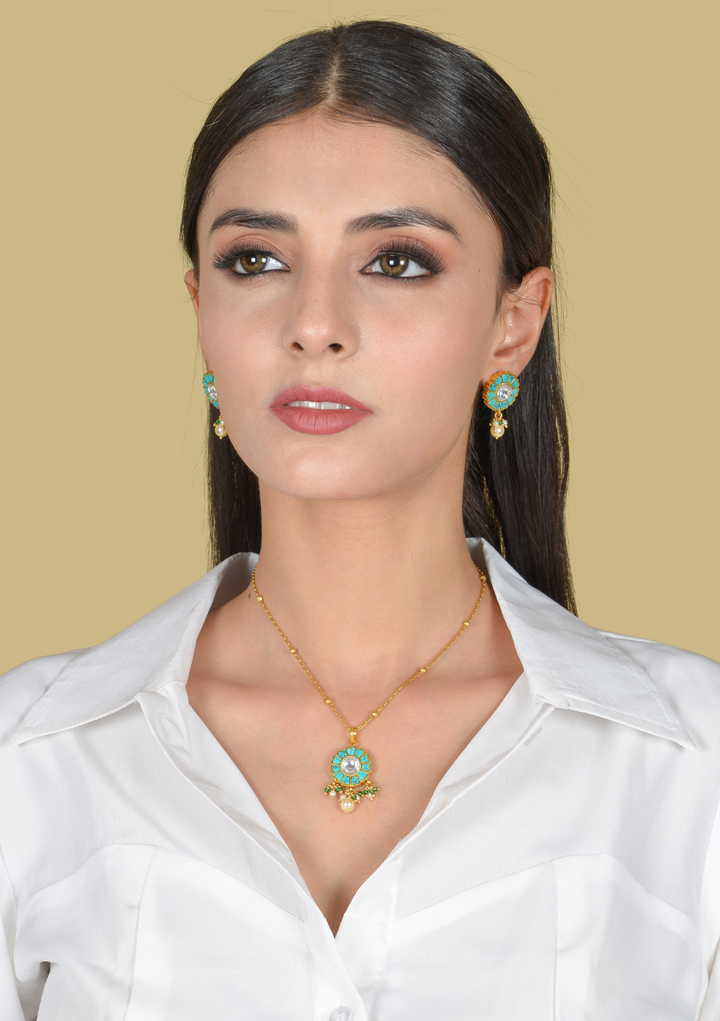 Unique and Beautiful Designer Turquoise Jadau Kundan Pendant Earring Set with Pearl Hangings