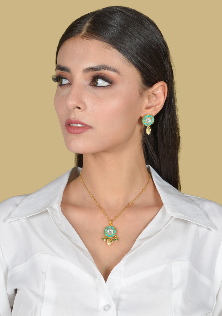 Unique and Beautiful Designer Turquoise Jadau Kundan Pendant Earring Set with Pearl Hangings