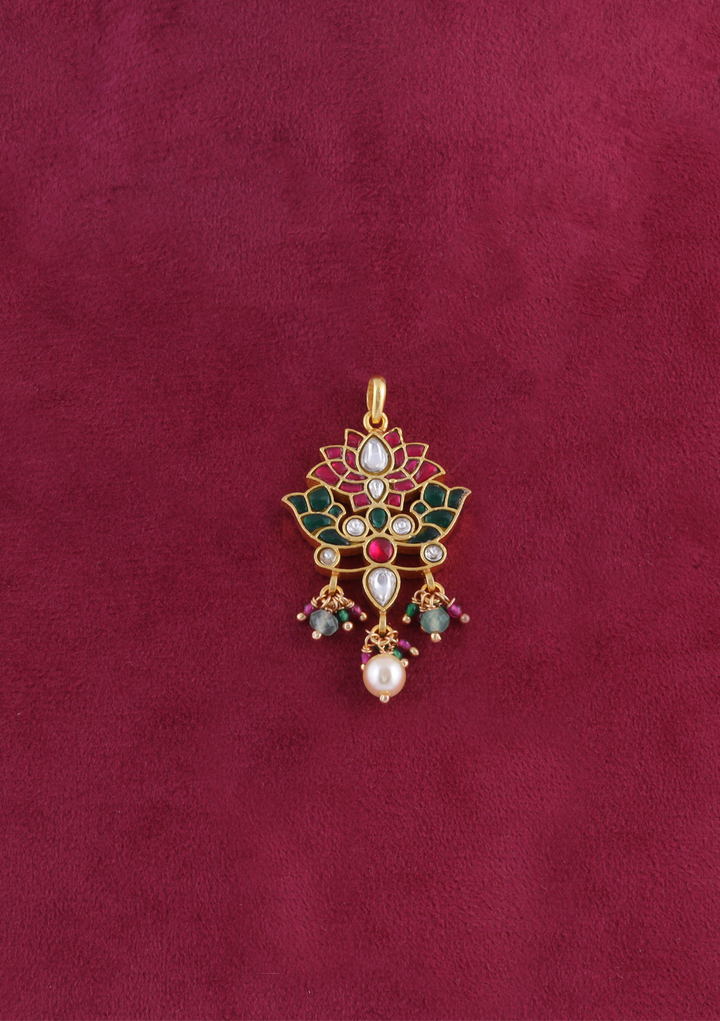Designer Lotus Jadau Kundan Pendant Earring Set with Pearl and Green Beads Hangings