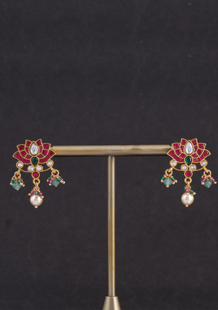 Designer Lotus Jadau Kundan Pendant Earring Set with Pearl and Green Beads Hangings