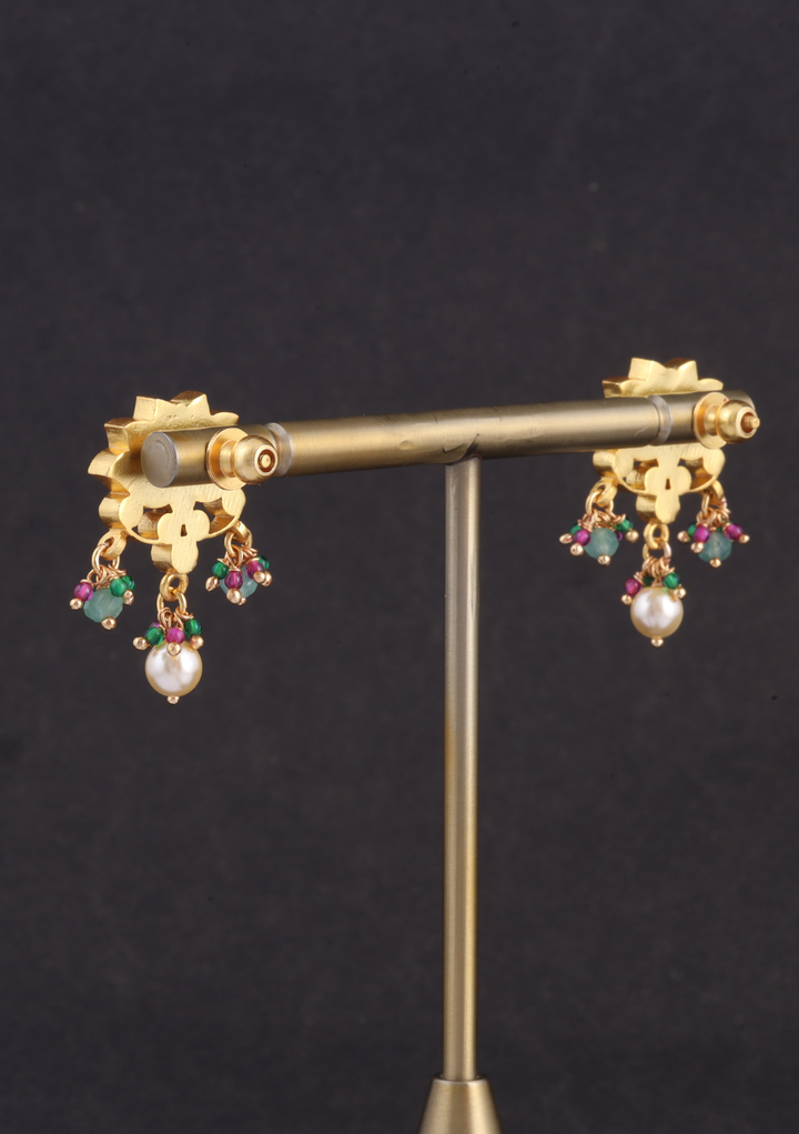 Designer Lotus Jadau Kundan Pendant Earring Set with Pearl and Green Beads Hangings
