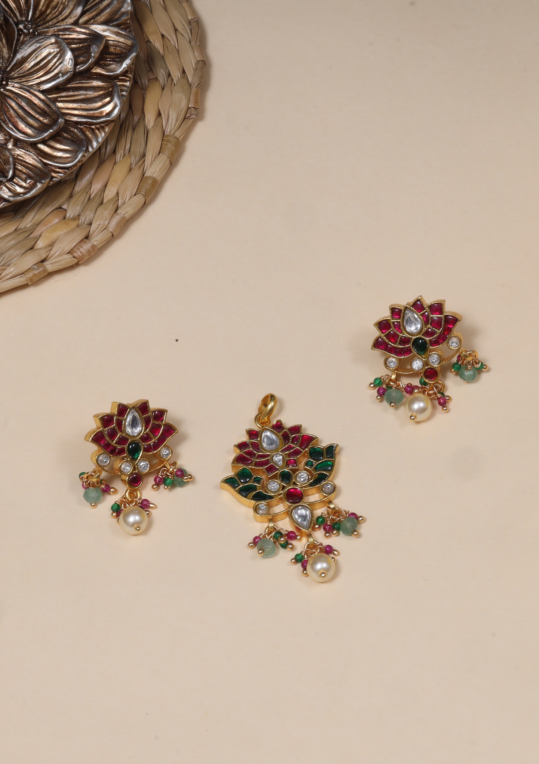 Designer Lotus Jadau Kundan Pendant Earring Set with Pearl and Green Beads Hangings