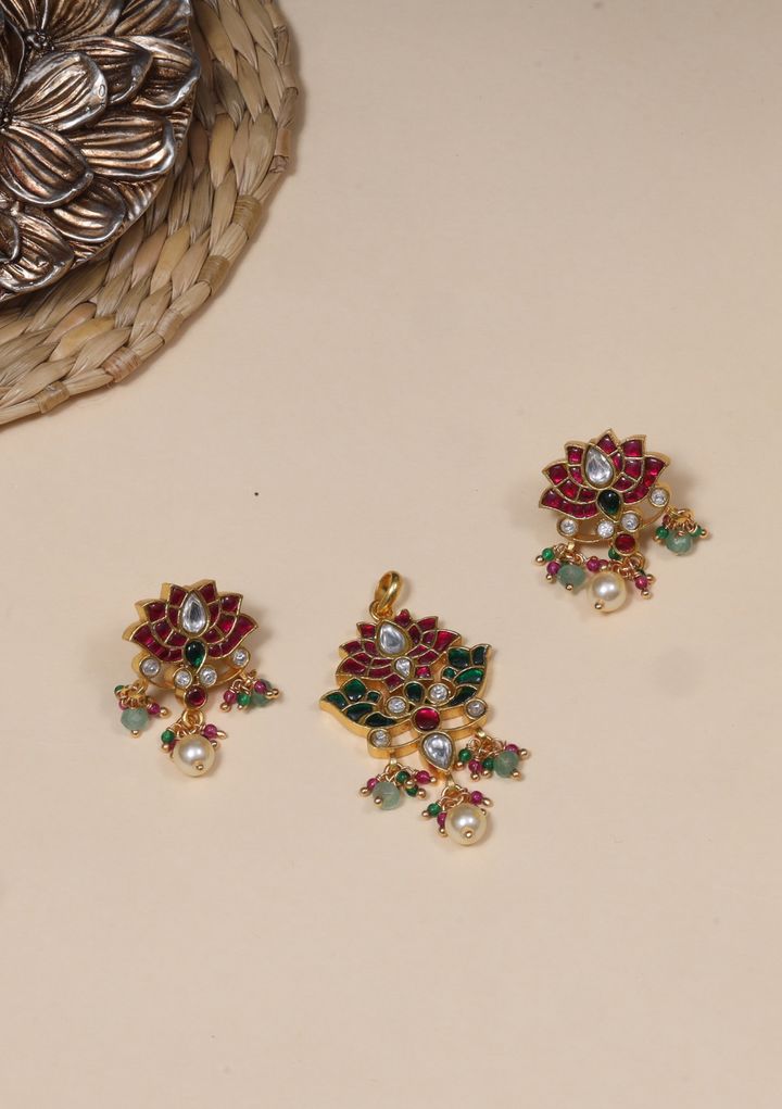 Designer Lotus Jadau Kundan Pendant Earring Set with Pearl and Green Beads Hangings