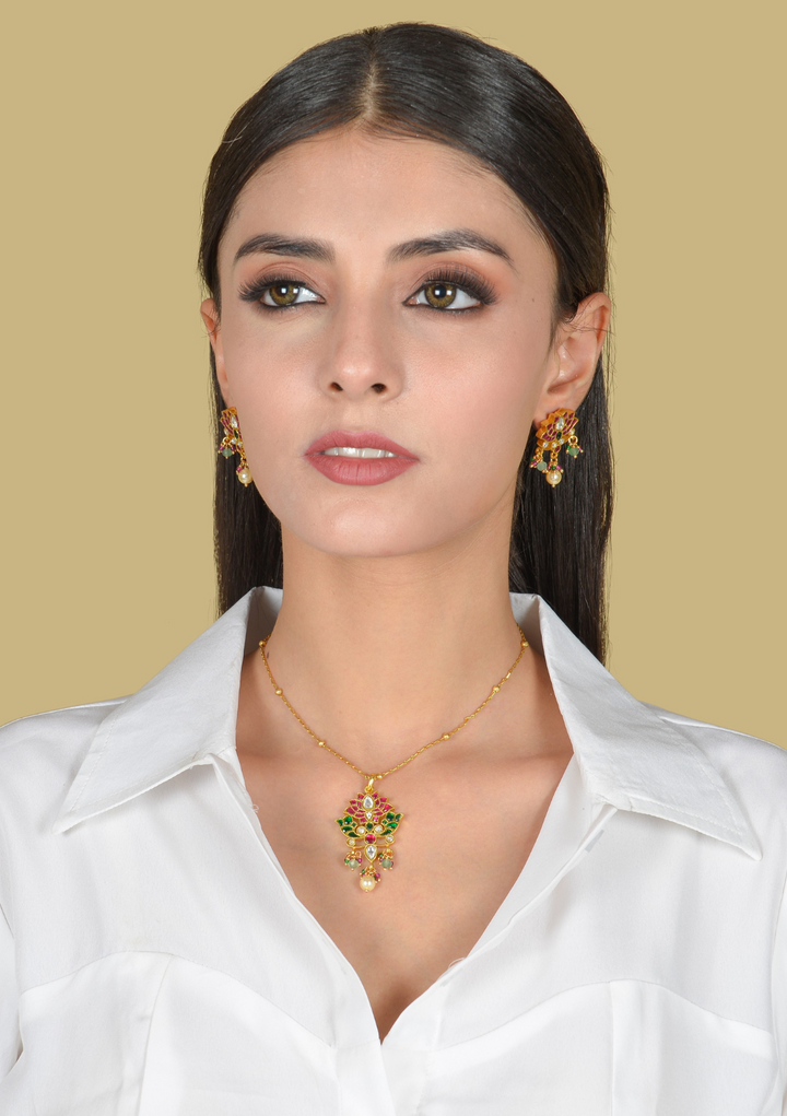 Designer Lotus Jadau Kundan Pendant Earring Set with Pearl and Green Beads Hangings
