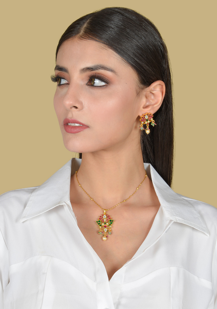 Designer Lotus Jadau Kundan Pendant Earring Set with Pearl and Green Beads Hangings