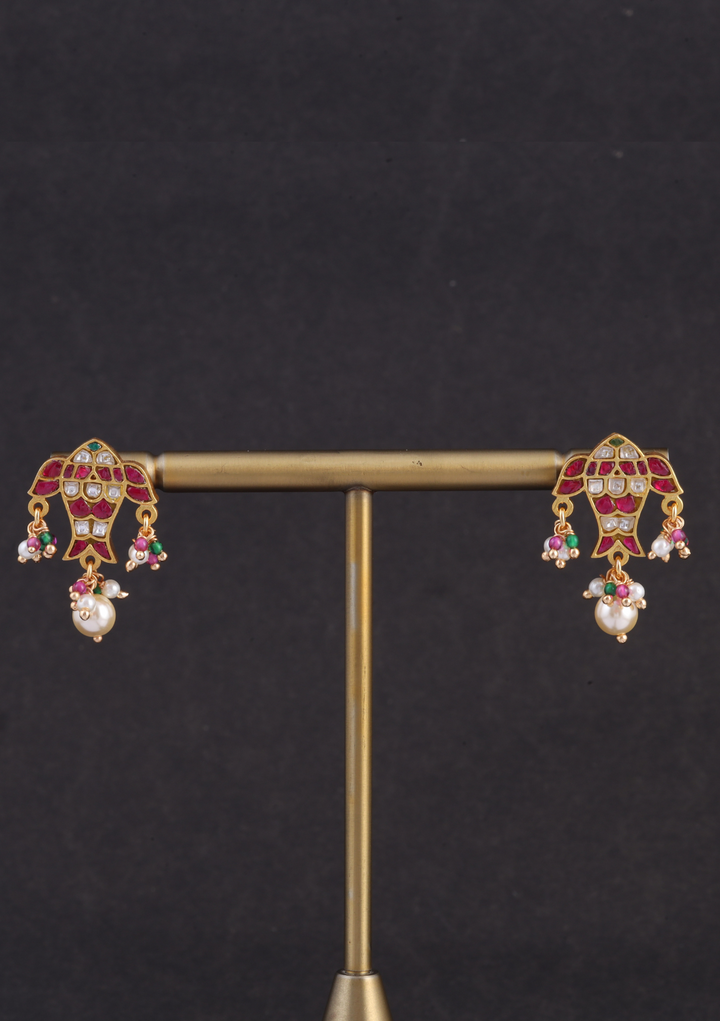 Gorgeous Designer Fish Jadau Kundan Pendant Earring Set with Peal Hangings