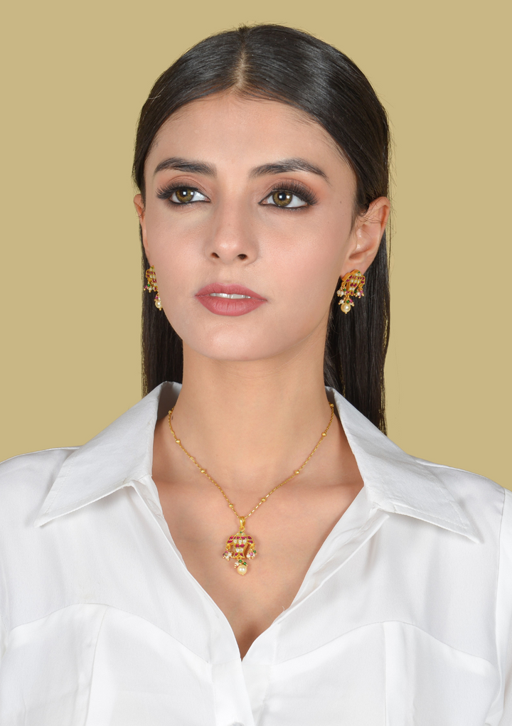 Gorgeous Designer Fish Jadau Kundan Pendant Earring Set with Peal Hangings