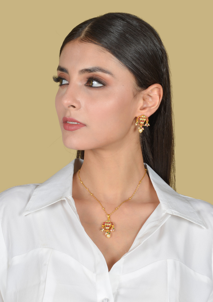 Gorgeous Designer Fish Jadau Kundan Pendant Earring Set with Peal Hangings