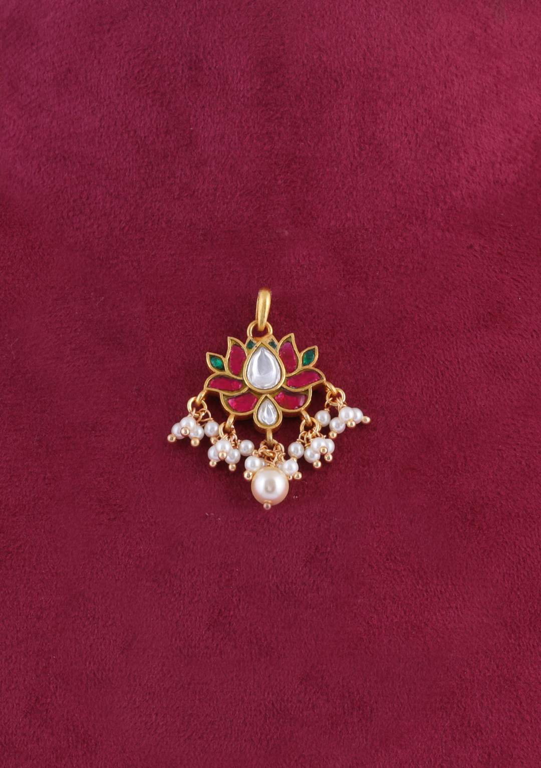 Dainty Lotus Designer Jadau Kundan Pendant Earring Set with Pearl Hangings