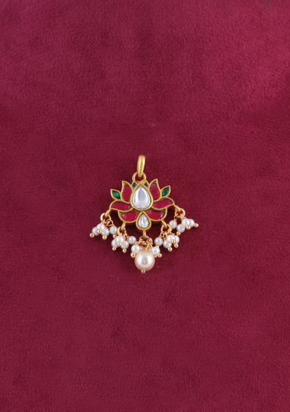 Dainty Lotus Designer Jadau Kundan Pendant Earring Set with Pearl Hangings