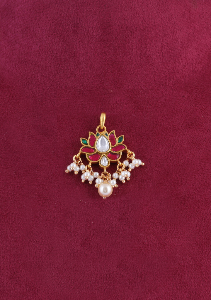 Dainty Lotus Designer Jadau Kundan Pendant Earring Set with Pearl Hangings