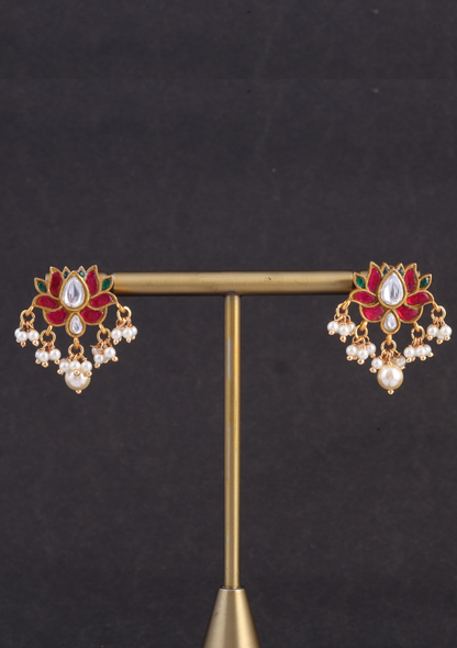 Dainty Lotus Designer Jadau Kundan Pendant Earring Set with Pearl Hangings