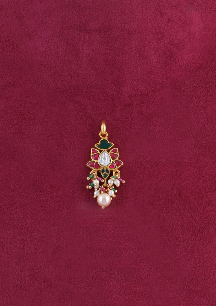 Glorious Designer Jadau Kundan Pendant Earring Set with Pearl Hangings
