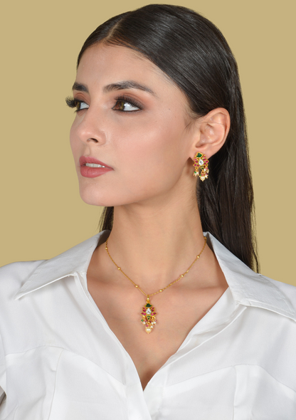 Glorious Designer Jadau Kundan Pendant Earring Set with Pearl Hangings