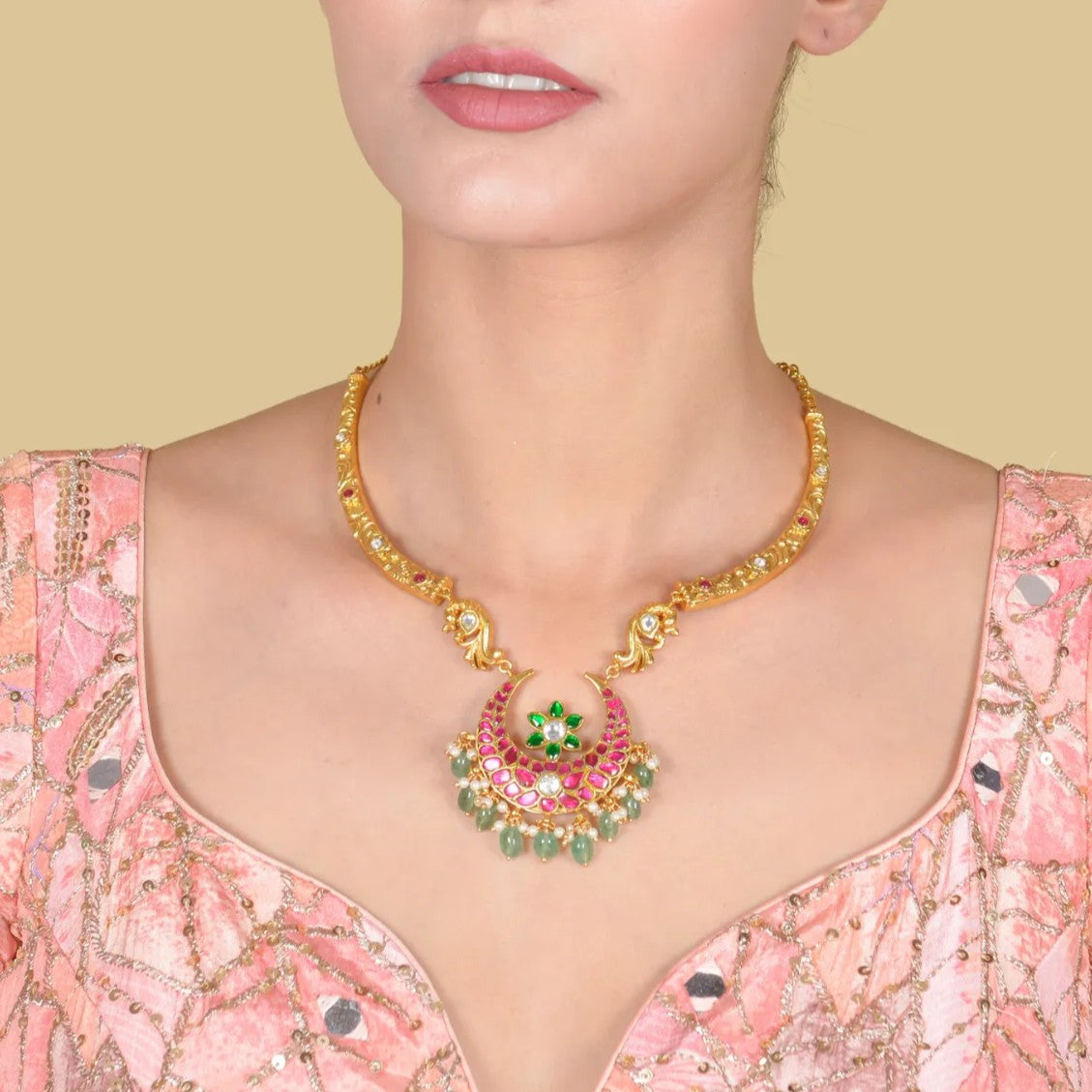 Stylish Crescent Moon Jadau Kundan Hasli Necklace with Green Emerald Hangings