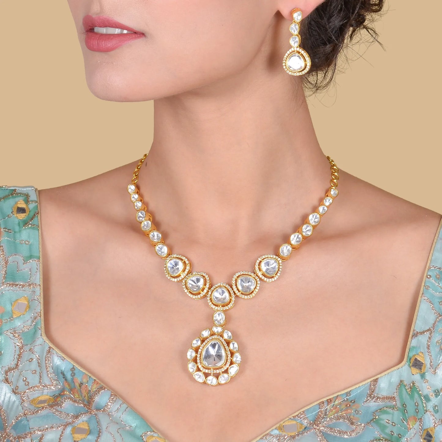 Beautiful Designer Moissanite Polki Necklace Earring Set