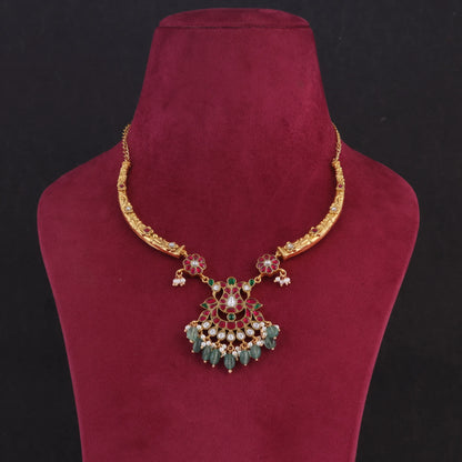 Opulent Designer Jadau Kundan Hasli Necklace with Green Emerald Hangings