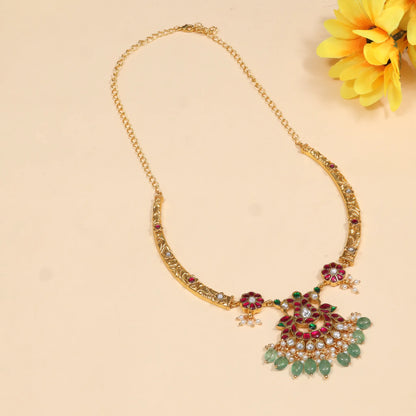 Opulent Designer Jadau Kundan Hasli Necklace with Green Emerald Hangings