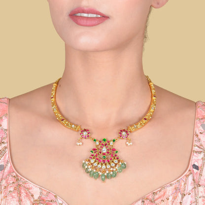 Opulent Designer Jadau Kundan Hasli Necklace with Green Emerald Hangings