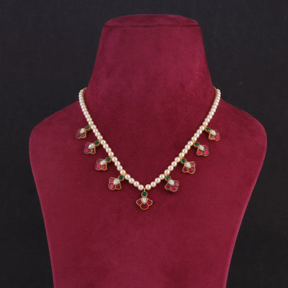 Simple and Beautiful Peals Chain Necklace Earring Set with Jadau Kundan Motifs