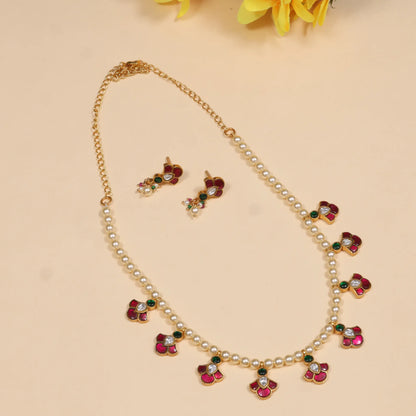 Simple and Beautiful Peals Chain Necklace Earring Set with Jadau Kundan Motifs