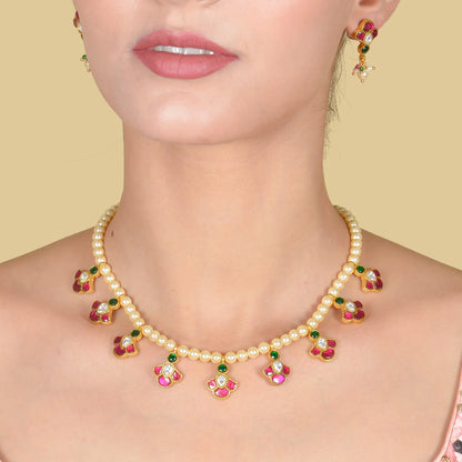 Simple and Beautiful Peals Chain Necklace Earring Set with Jadau Kundan Motifs