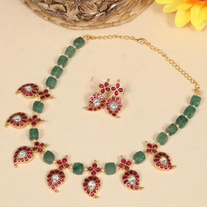 Classic Mango Jadau Kundan Short Necklace Earring Set with Green Emerald Beads