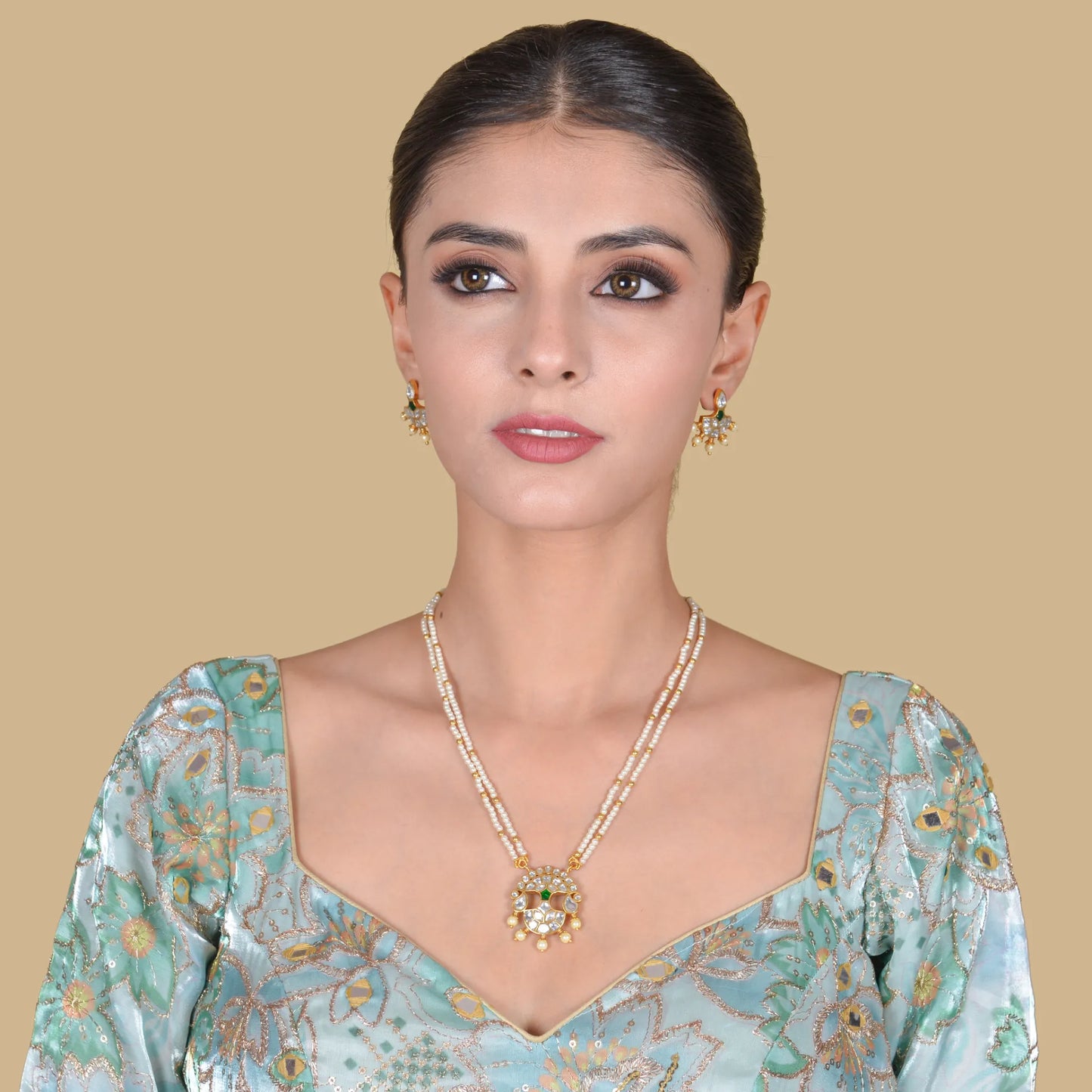 Double Chain Pearl Beautiful Simple Jadau Kundan Necklace Earring Set