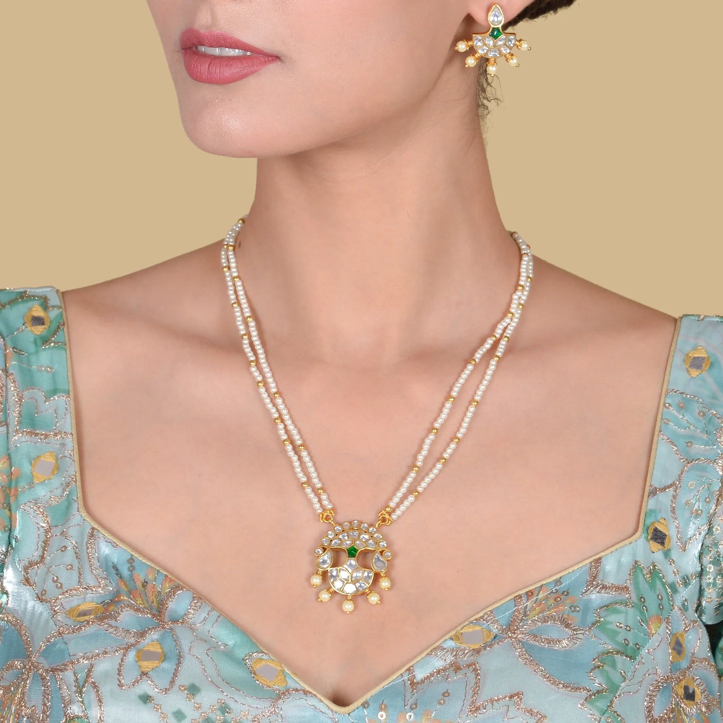 Double Chain Pearl Beautiful Simple Jadau Kundan Necklace Earring Set