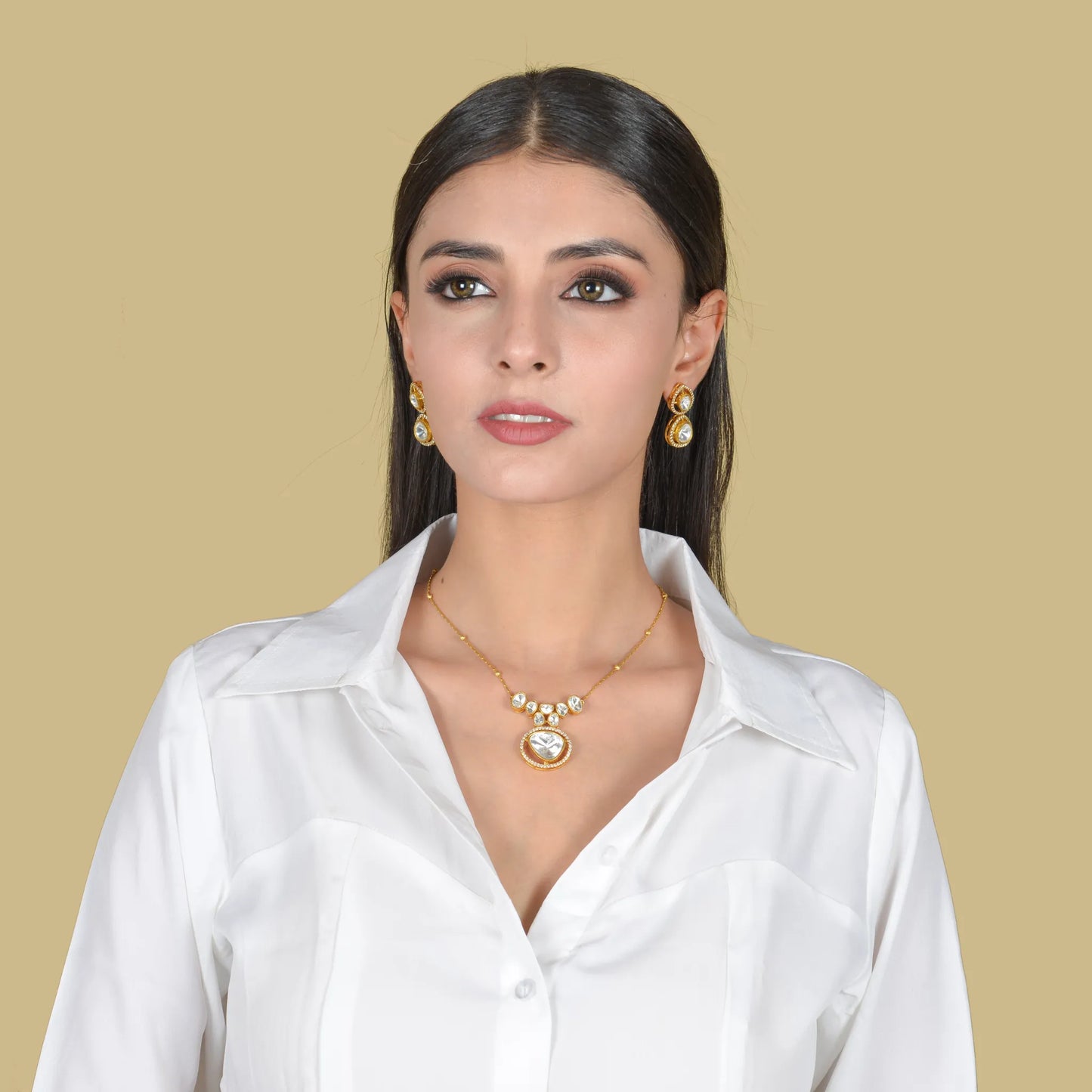 Dainty Elegant Moissanite Polki Necklace Earring Set